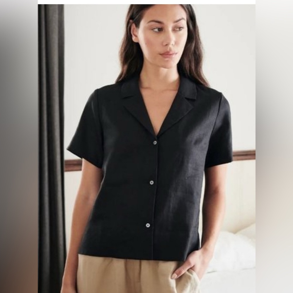 Quince Black Linen Boxy Relaxed Button-Front Short Sleeve Shirt